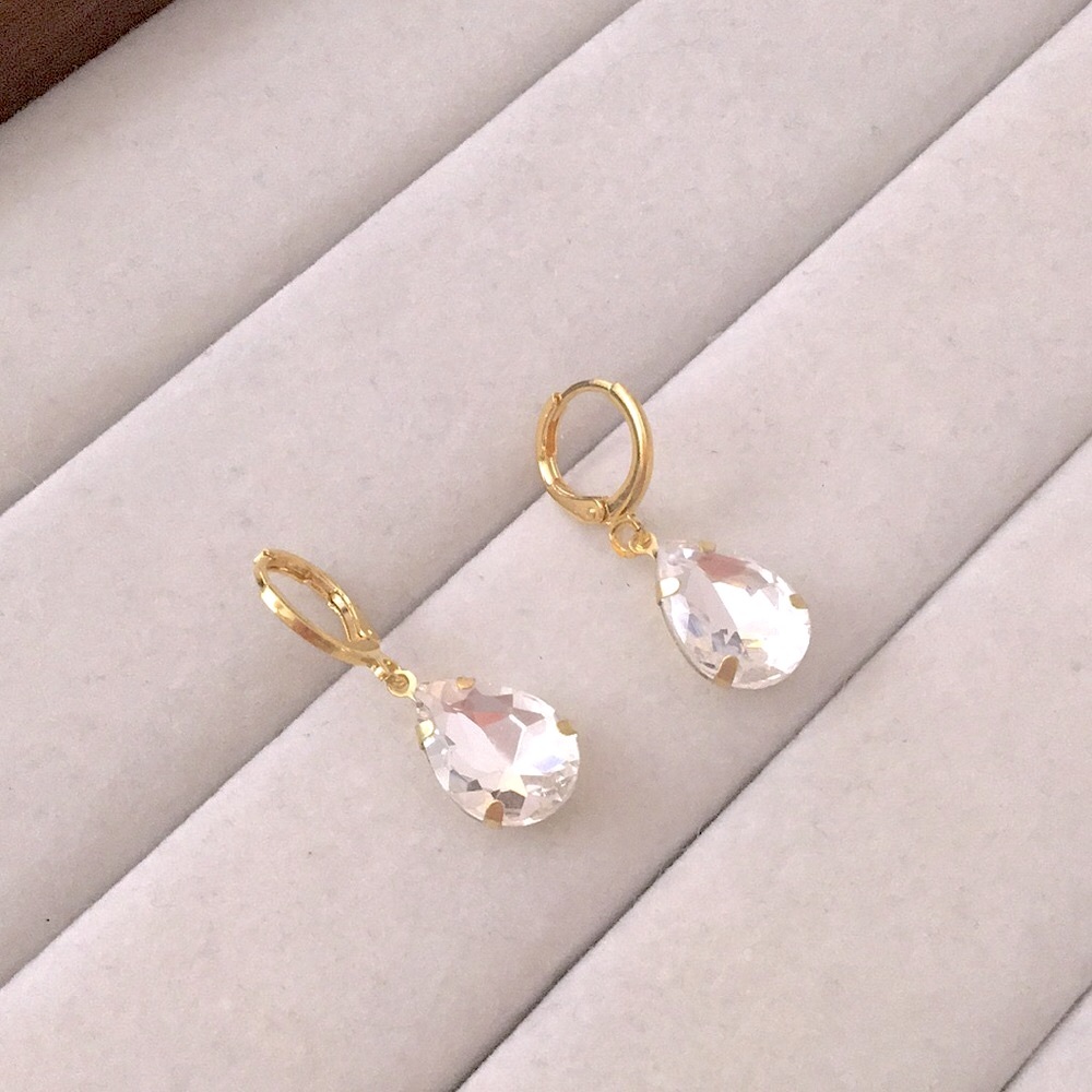 Crystal + Gold Pear Drop Earrings - Picture 3 of 5
